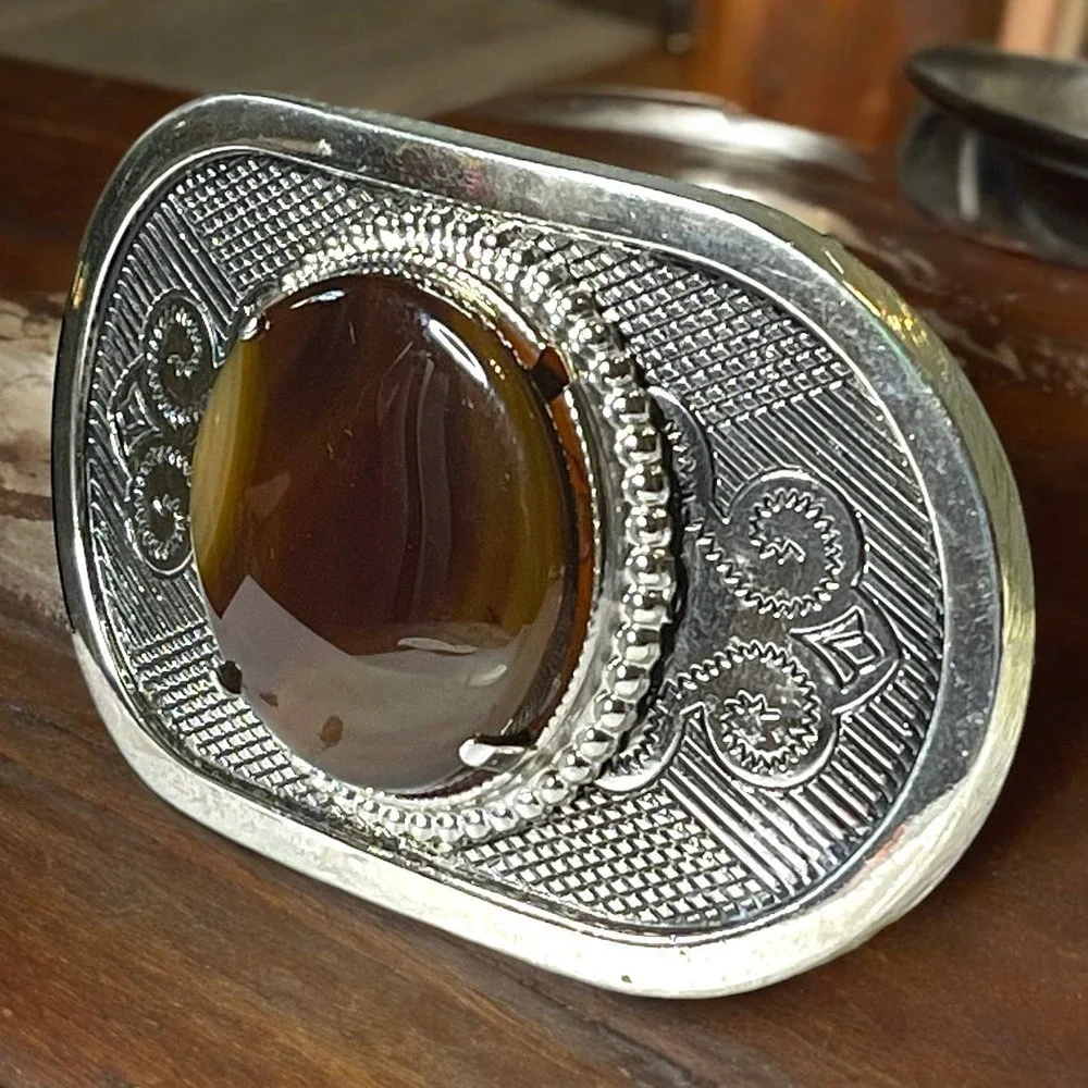 Western Belt Buckle Silver Tone Brown Multicolored Gemstone Cowboy Cowgirl
